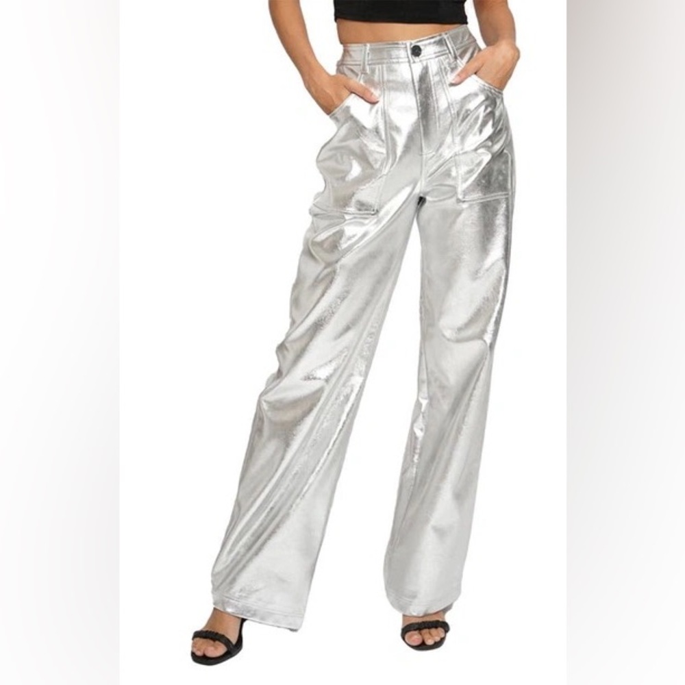 Know one cares high waisted wide leg silver vegan leather pants